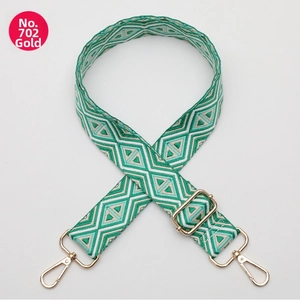 Detail of No. 702 adjustable geometric bag strap with green diamonds and gold metal hooks