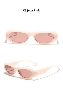 Detail view of jelly pink Y2K square sunglasses with thick temples and tinted lenses