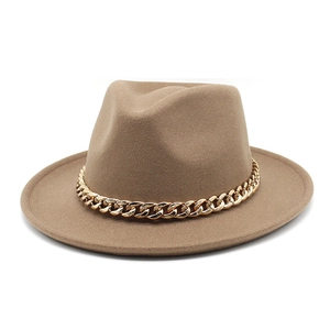 Classic camel Fedora hat with thick felt material and gold metal chain decoration