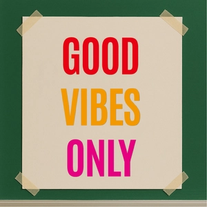 Detail showing 'GOOD VIBES ONLY' vinyl letters on cream cardstock with green background