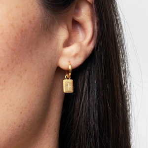 Close-up of a model wearing golden rectangular starburst earrings with center accents