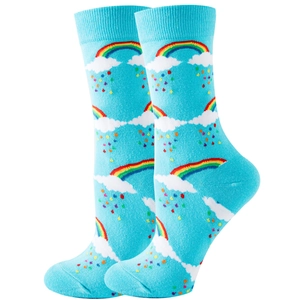 Detailed view of blue socks featuring colorful rainbow and cloud patterns for women