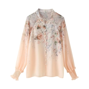 Chemisier femme en mousseline à fleurs avec manches longues et boutons en perles chic