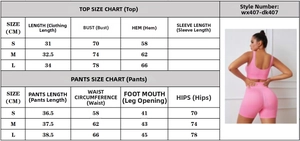 Size chart for yoga sports set including top and high waist shorts in pink