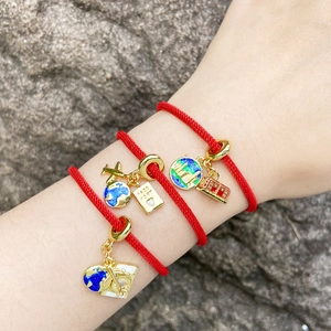 Travel Theme Red Braided Rope Bracelet For Women Men Gold Plated Copper Enamel Globe Airplane Passport Charm Bracelet Jewelry