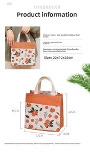 Detailed size guide for cotton canvas tote bag with orange print and side pockets