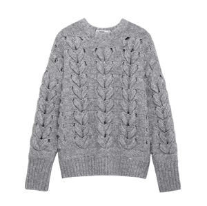 Grey long sleeve round neck knit sweater with textured heart cable knit patterns
