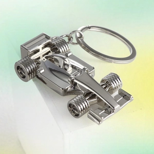 Polished silver F1 racing car keychain made of durable alloy metal, 45-degree angle view