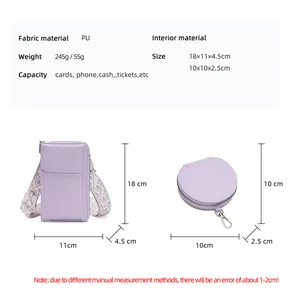 Size chart showing light purple PU leather crossbody phone bag and round purse measurements