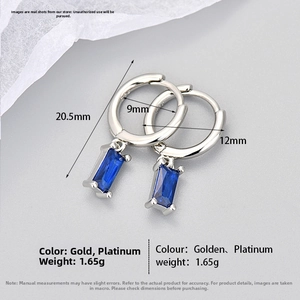 Detailed macro view showing dimensions of rectangular blue zircon hoop earrings