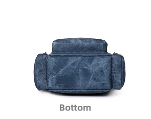 Detailed bottom view of vintage washed denim backpack with metal side hardware