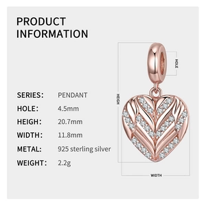 Detailed size chart of rose gold 925 sterling silver heart charm with white stones