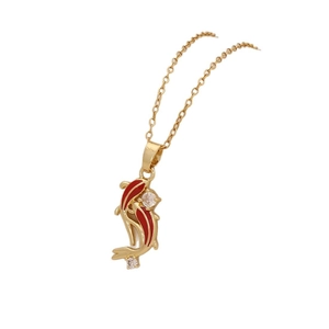 Golden stainless steel necklace with red koi fish pendant featuring sparkling gemstones