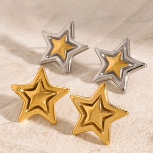 Stylish 3D star stud earrings in polished gold and two-tone silver gold finishes