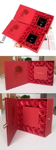 Detailed views of red eternal rose jewelry box with Everlasting Love golden lettering