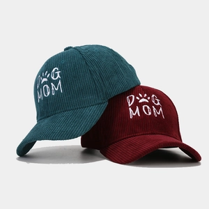 Green and wine red corduroy baseball caps with DOG MOM embroidery and paw pattern