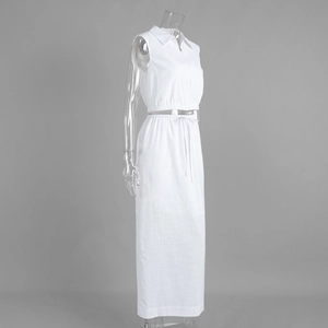 Detail view of white cotton vest with zipper collar and elastic drawstring long skirt
