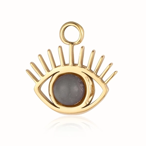Detailed view of evil eye pendant with grey gemstone in gold plated stainless steel