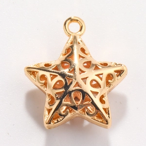 Macro shot of a shiny gold star pendant with intricate hollow flower patterns for DIY jewelry