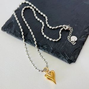 Collier à pendentif cœur bicolore en acier inoxydable avec chaîne à perles argentées