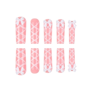 Pink balletcore press-on nails with 3D bows and pearls on a white background