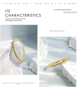 Detail of twisted rope ring with gold plating and anti-oxidation protective coating