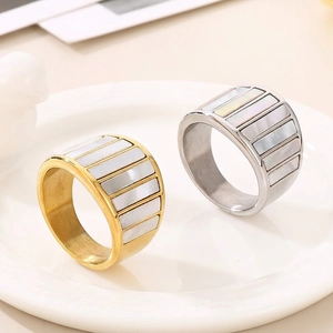 Wide Band Ring Titanium Steel With Natural White Shell Inlay Geometric Texture Modern Minimalist Fashion Jewelry For Women