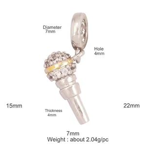 Microphone pendant charm in plated silver with sparkling zircons and gold accents