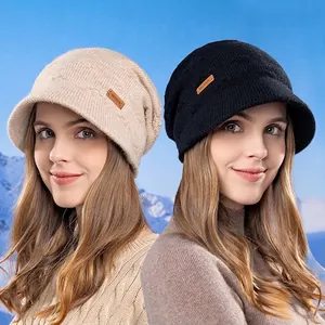 Women Winter Visor Beanie Hat Fleece Lined Warm Knitted Short Brim Cap Windproof Slouchy Acrylic Polyester