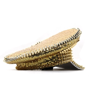 Golden sequin captain hat with metallic studs for party and stage performance