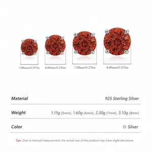 Sparkling S925 sterling silver garnet red firework cut stud earrings in four sizes