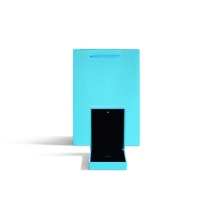 Elegant blue jewelry gift set including an LED pendant box and matching paper carrier bag