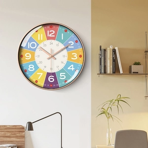 Childrens Wall Clock Silent Quartz Educational Time Teaching Cartoon Astronaut Rainbow ABS Glass Round For Bedroom