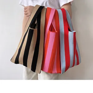 Striped Knitted Handbag Fashion Color Block Braided Tote Bag Large Capacity Casual Shopping Bag For Women Minimalist