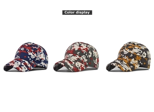Three variants of digital camouflage baseball caps with durable canvas fabric and six panels