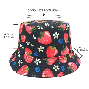 Reversible strawberry print bucket hat with dimensions 56-58cm for outdoor sun protection