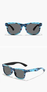 Detailed views of kids square camouflage sunglasses with blue and black patterns