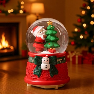 Christmas music box crystal ball with Santa Claus and snowman on red base