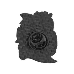 Black metal enamel pin back view with mesh texture and secure butterfly clutch fastener