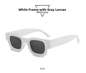 Seitenansicht der Retro-Cat-Eye-Sonnenbrille mit dickem weißem Rahmen und grauen Gläsern