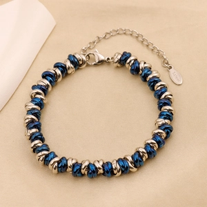 Men's hip hop titanium steel bracelet with silver and blue interlaced rings