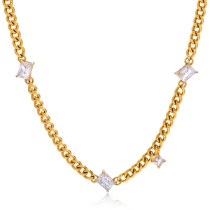 Luxurious 18K gold-plated titanium steel curb chain necklace with zircon gemstones