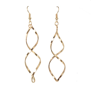 Detailed view of long gold twisted spiral earrings with sleek metallic finish and hooks