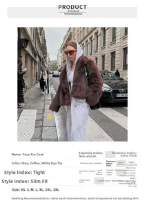 Detail view of coffee-colored faux fur coat texture with sizing and care instructions chart