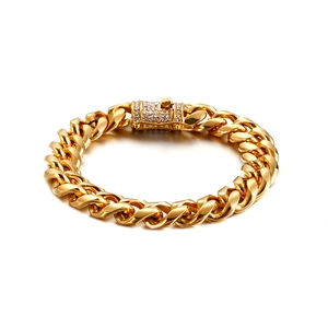 Men's gold-plated Cuban link bracelet with sparkling rhinestone-encrusted clasp