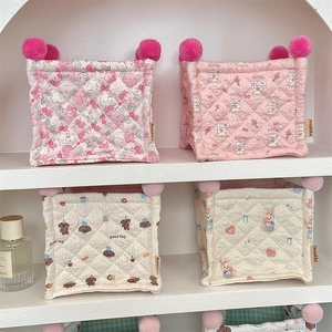 Quilted cartoon storage baskets with pom poms for desktop snacks and cosmetics