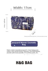 Detail view of floral embroidery makeup bag with dimensions 17x14x4cm on white background