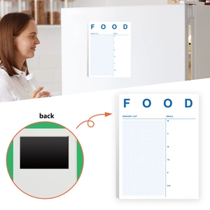 Detail of magnetic grocery list notepad showing front layout and back magnetic strip