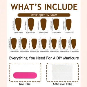 Size chart for golden almond cat eye press-on nails including file and adhesive tabs