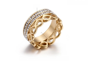 Close-up of 10mm wide gold titanium steel ring with double-row zircon pavé inlay